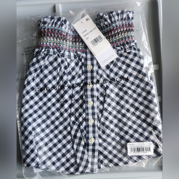 French Connection Adla Gingham Smocked Top MARINE-LINEN WHITE -‎ XS - Picture 5 of 5